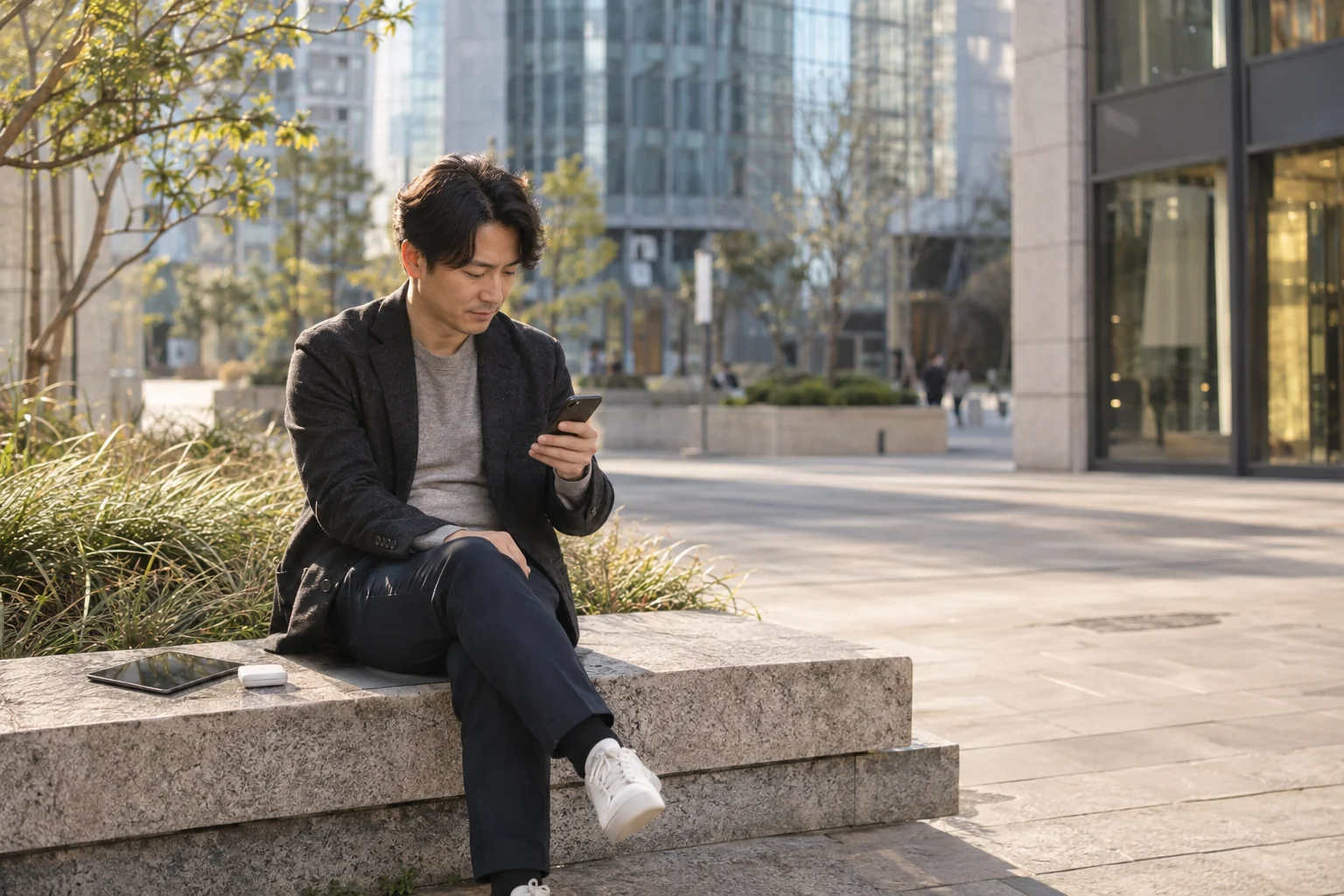 成年人在城市户外休息空间使用手机，旁边放有平板与便携热点